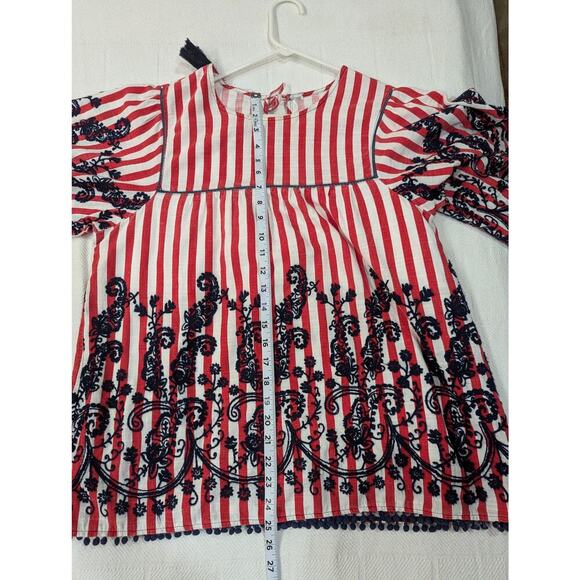 Beautiful red & white cotton striped embroidered peasant blouse - Picture 6 of 6